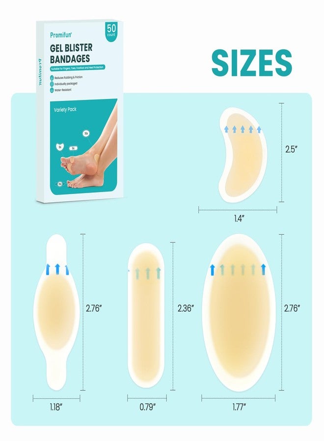 Promifun Blister Bandages Blister Pads - 50 ct Blister Cushions - Water Resistant Hydrocolloid Bandage for Foot, Toe, Heel - Gel Blister Bandages for Prevention & Recovery, Variety Pack - Image 3